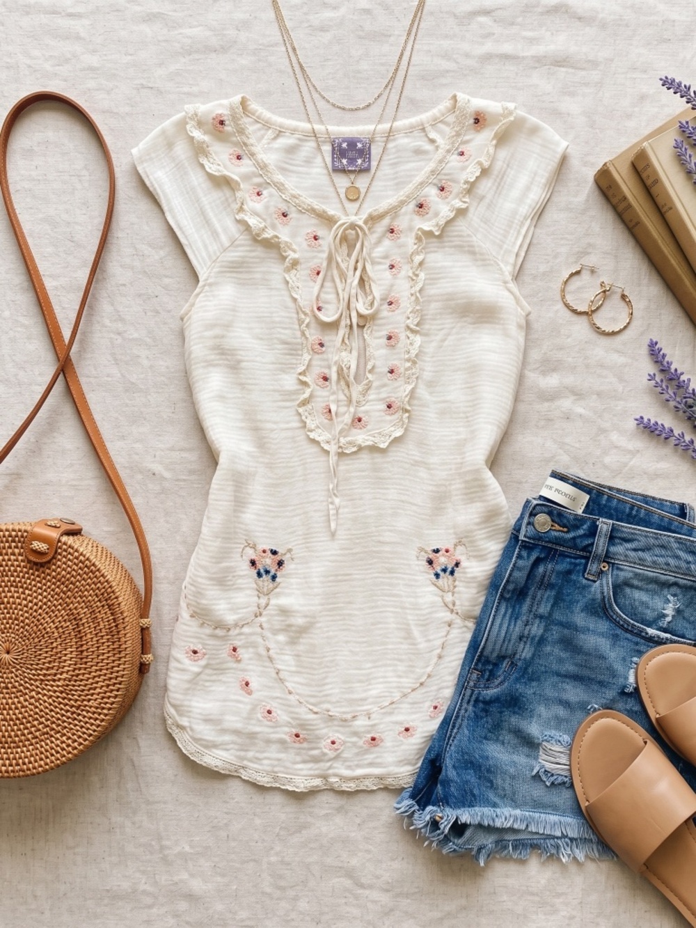 Free People Embroidered Ruffle Linen Blend Cap Sleeve Tunic Top Cream XS NWOT